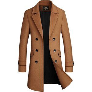 Men's Camel Premium Wool Blend Double Breasted Imported Long Pea Coat